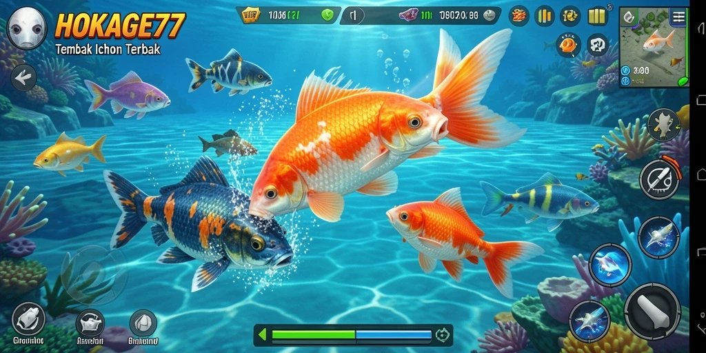 Screenshot gameplay HOKAGE77 menampilkan aksi menembak ikan yang seru.
