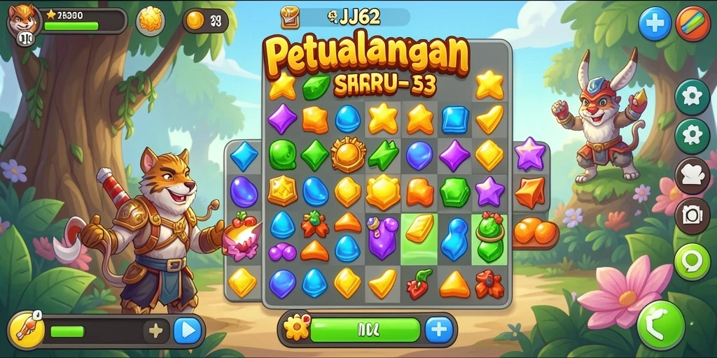 Screenshot gameplay JJ62 menampilkan aksi mencocokkan permata yang seru.